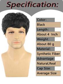 男士短款黑色假发帅气男性日常服装合成全假发自然黑发补发假发 - 彩色 - 查看 5