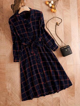 Plaid Long Sleeve Dress, Minimalist Everyday Wear For Women