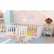 Kinderbett 90 x 200, Holzboden Bettrahmen mit Zaun und Tür, Weiß (Alte SKU ist WF316892AAW)