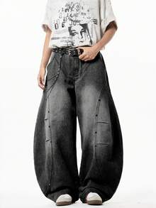 1 件正义兄弟休闲男士宽松破洞牛仔阔腿牛仔裤，日式风格 - 黑色 - 查看 4