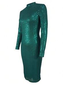 Elegante abito midi verde con paillettes per donna, collo alto, maniche lunghe, silhouette a matita, abito da cocktail per feste, abito midi aderente verde con paillettes, collo alto e maniche lunghe, abito da sera di lusso per feste di Natale in autunno/inverno