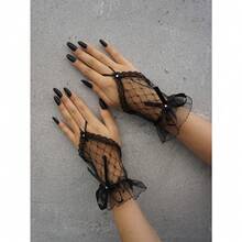 1 par de guantes sin dedos con decoración de strass y moño de moda para la vida diaria, Halloween, Día de San Valentín - Negro - Ver 1