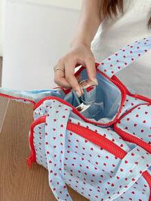 1pc Blue Background Red Heart Portable Makeup Bag, Large Capacity Compartment Organizer Pouch, Daily Cosmetic Accessories, Handbag For Travel, Home & Outdoor, Fashionable Women Essentials Make Up Bag Makeup Pouch Cosmetic Bag Toiletry Bag Wash Bag Travel Essential Cruise Essentials Vacation Essentials For Men Women