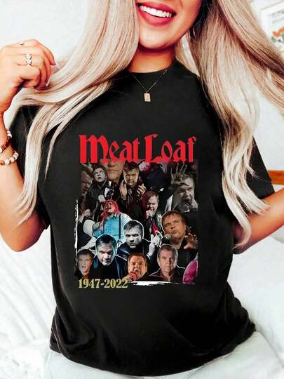 100% Cotton Meat Loaf Tribute Collage With Faces Round Neck Short Sleeve T-Shirt Women's Men's Graphic Tee