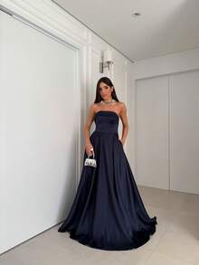 SATIN PARTY DRESS WEDDING BRIDESMAIDS GRADUATES STRAP-OFF - NAVY BLUE - View 1