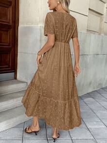 Vestido Longo Lese Forrado com Elástico na Cintura Detalhes Bordados - Caqui - Visão 6