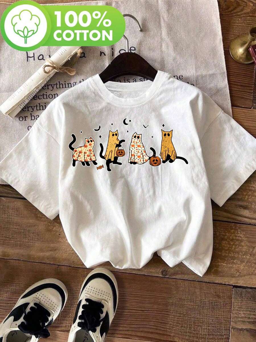 Camiseta de Halloween con Estampado de Gatos Negros en Disfraz para Mujeres y Hombres, Manga Corta y Cuello Redondo, Ropa Casual para Verano y Primavera, Ropa de Mujer