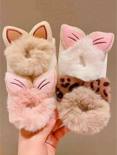 1pc Random Color Children Hair Scrunchie Kitty Ear Design Hair Ties, Soft Elastic Hair Tie For Girls 