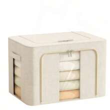 1入組卡其色衣服和被子收納袋，無味，素色鋼架，承重力強，雙窗雙開口收納盒收納袋，家用布藝防塵罩，用於存放衣服和被子 - 米色 - 查看 13