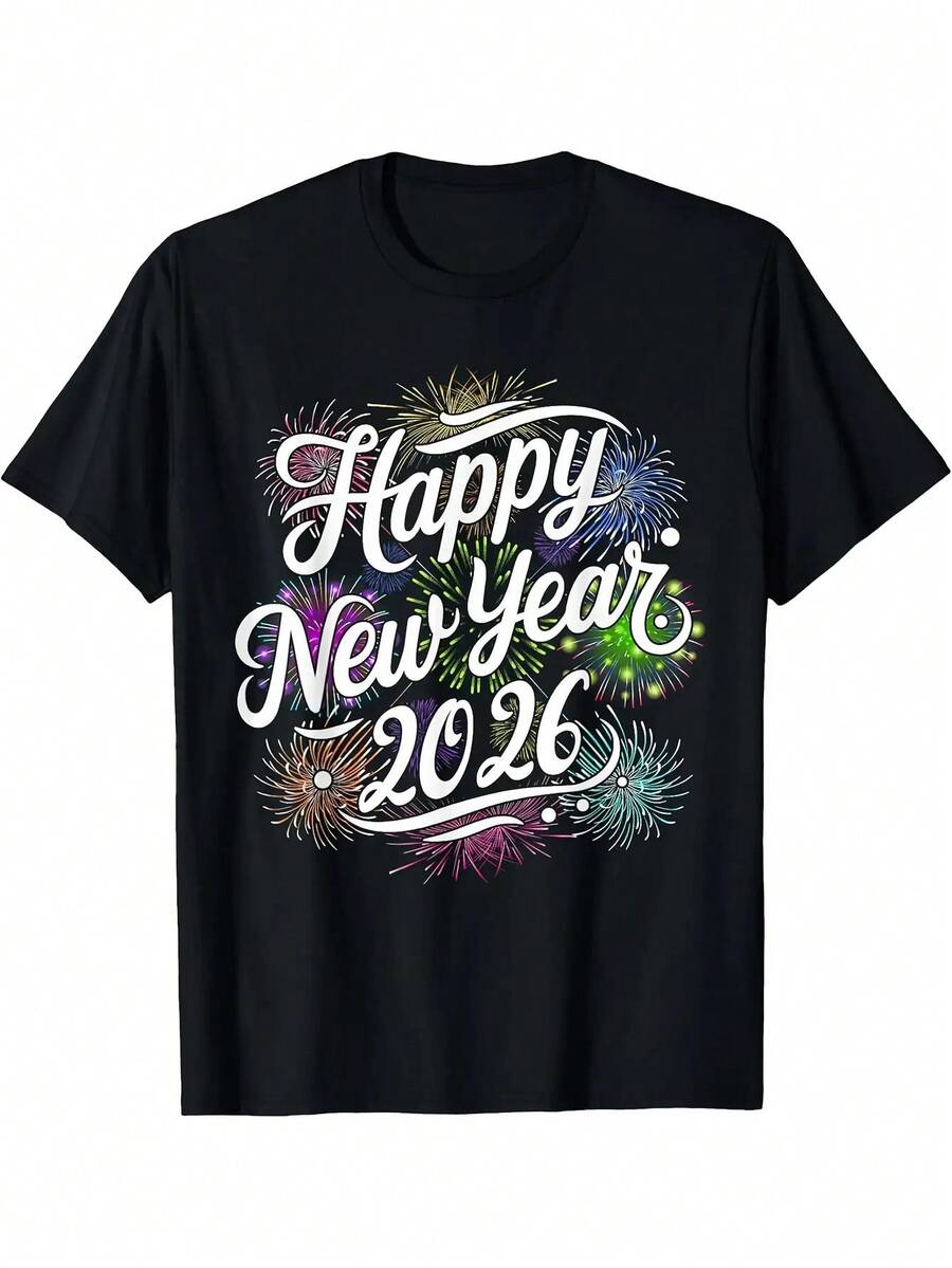 2026 New Year's Eve Family Matching T-Shirts - Happy New Year 2026 Fireworks Print Black Cotton 220gsm Heavyweight Retro Crewneck Tees Men & Women, Multicolor Firework Design Party Outfits ( Matching Group Shirts) - 黑色 - 查看 1