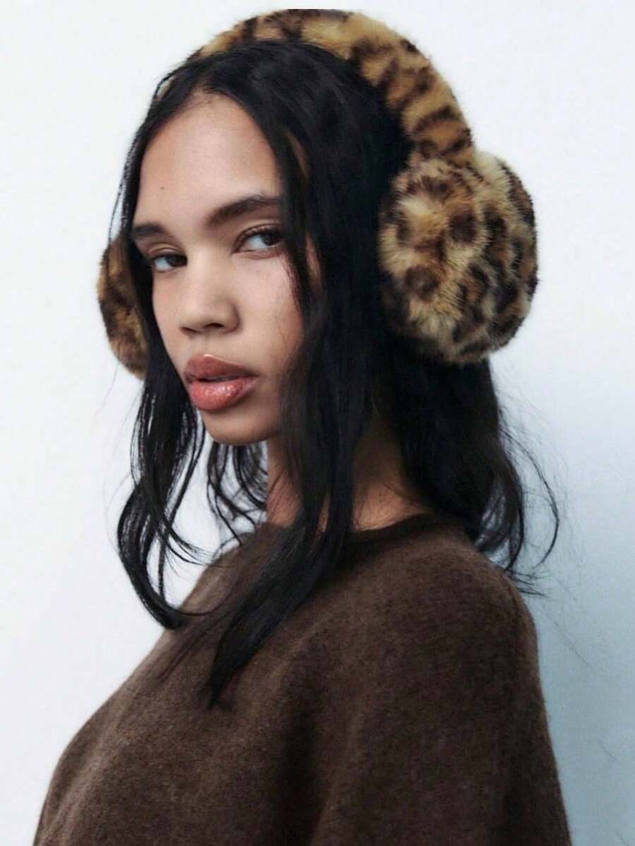1pc Leopard Print Earmuffs With Faux Rabbit Fur, Soft & Fluffy Earmuffs, Windproof Foldable Earmuffs, Winter Accessory, Autumn White Ear Muffs - Multicolor - View 1