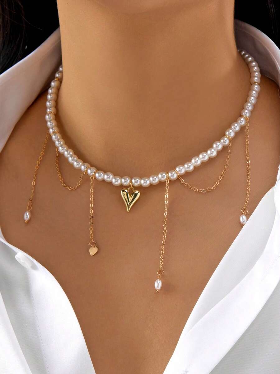 قلادة من اللؤلؤ والخرز على شكل قلب مع شرابة لؤلؤية، قطعة واحدة أنيقة وعملية للنساء، مناسبة للاستخدام اليومي والمناسبات والعطلات والزفاف والمناسبات الخاصة، هدية عيد الميلاد وعيد الأم وعيد الحب