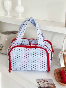 1pc Blue Background Red Heart Portable Makeup Bag, Large Capacity Compartment Organizer Pouch, Daily Cosmetic Accessories, Handbag For Travel, Home & Outdoor, Fashionable Women Essentials Make Up Bag Makeup Pouch Cosmetic Bag Toiletry Bag Wash Bag Travel Essential Cruise Essentials Vacation Essentials For Men Women