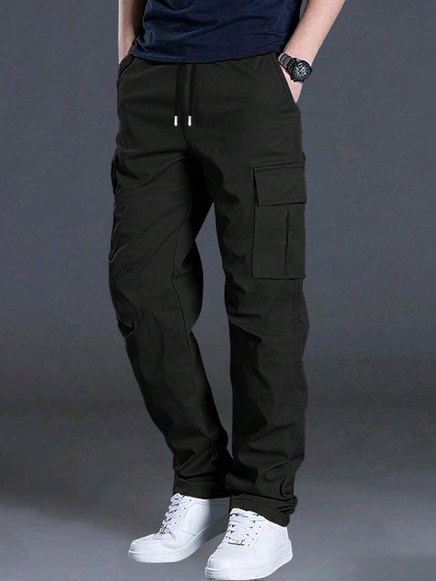 1pc Plus Size Men Multi-Pocket Solid Color Cargo Pants, Casual Loose Fit Trousers For Daily Commute, Workout, Outdoor, Hiking, Street Style, Fitness, Jogging, All-Match, Straight Leg, Fall - Black - View 1