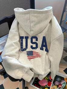 Una sudadera de manga larga de 260g de poliéster 100%, sudadera con estampado de la bandera de EE. UU. para mujeres - suéter de forro polar acogedor con cordón, mangas largas y bolsillo canguro, perfecta para otoño e invierno, sudadera de uso casual | Sudadera con capucha | Sudadera de Felpa - Gris - Ver 1