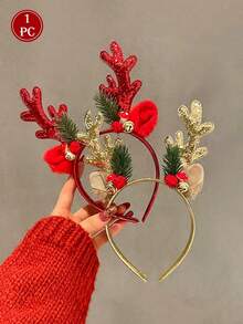 1pc Christmas Headband With Deer Antlers, Mushroom, Bells, Holiday Decoration Gift - Multicolor - View 1