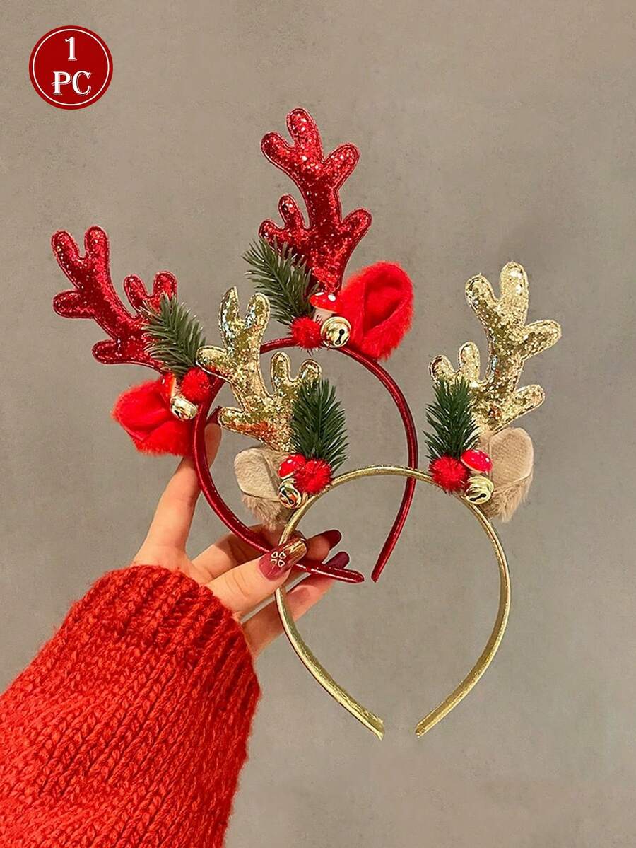 1pc Christmas Headband With Deer Antlers, Mushroom, Bells, Holiday Decoration Gift - Multicolor - View 1