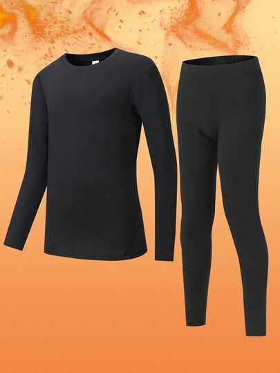 Conjunto de ropa interior térmica para niños preadolescentes (8 años - 12 años / 120 cm - 160 cm) - Camiseta de cuello redondo de manga larga y pantalones, color negro | Forro térmico, ultra cálido y transpirable | Ajuste slim para uso en casa, ir a la escuela, viajes de esquí | Antiestático, secado rápido | Esencial para el invierno/Navidad