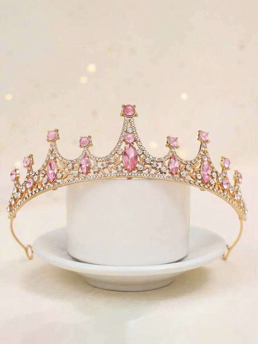 1件女童公主皇冠髮箍,生日禮物水晶王冠髮飾 - 粉色 - 查看 1