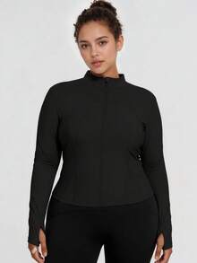 Plus Size Women High Stretch Quick-Dry Yoga Jacket, Long Sleeve Stand Collar Slim Fit Sports Jacket With Zipper Closure, All-Season Fitness & Casual Wear, Machine Washable, Fashionable Fabric Design - Black - View 5