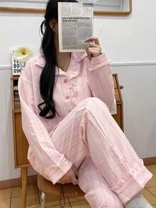 2pcs Women Pajama Set, Pink Vertical Striped Lapel Top With Frill Trim, Comfortable Pants, Suitable For Home & Leisure, All Seasons - Pink - View 3