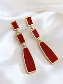 1 对优雅喜庆的酒红色几何立方体流苏耳环，适合女性日常、节日和派对佩戴 - 酒紅色 - 查看 4