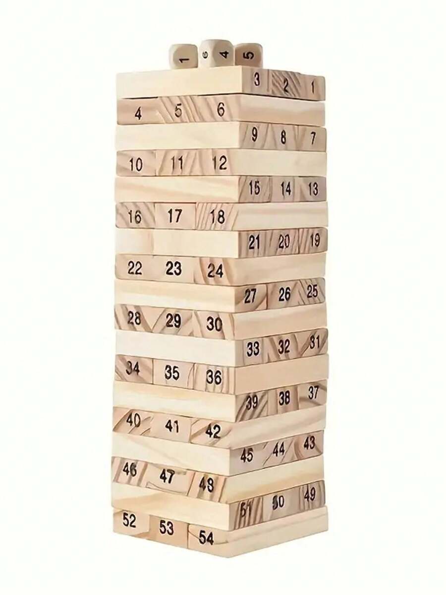 Wooden Tower Game For Kids Ages 6-12 - Classic Building And Knocking Down Block Set, Educational Development Of Creativity, Math & Spatial Skills, Multicolor - Khaki - View 1