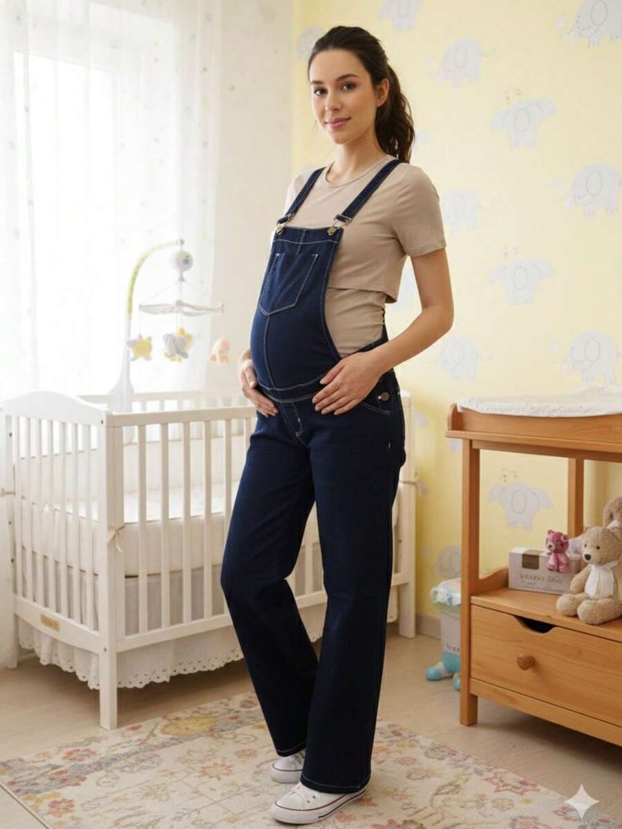 Overol  de mezclilla pre mamá pierna recta ajustable, tela strech - Azul lavado oscuro - Ver 1