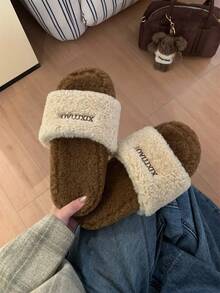 XIXITIAO 1 双字母图案冬季保暖舒适拖鞋，时尚柔软轻便平底拖鞋，复古休闲毛绒拖鞋 - 棕色 - 查看 5