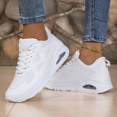 Damskie białe, amortyzowane, codzienne trampki na platformie – lekkie, sznurowane, niskie, z siateczki, oddychające, w jednolitym kolorze, minimalistyczne, wygodne do chodzenia na świeżym powietrzu, biegania, wędrówek pieszych i spacerów
