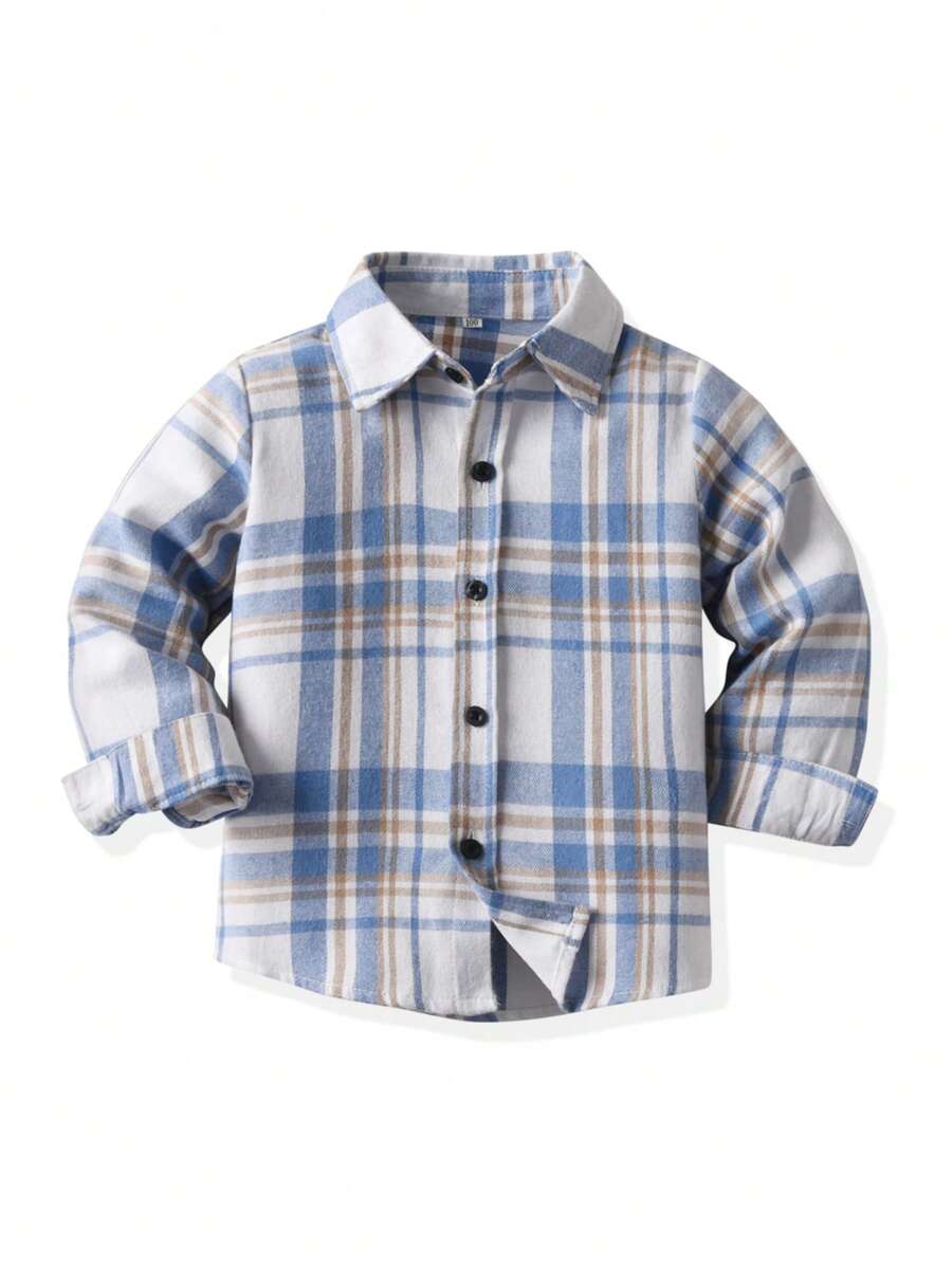 Young Boy Plaid Long Sleeve Single-Breasted Casual Shirt, Autumn - Blue - View 1