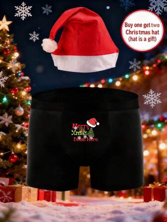 Men's Christmas Print Briefs With Christmas Hat For Gift Holiday Party Wear