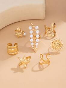 Set de 7 anillos con formas geométricas asimétricas, perlas falsas, estrellas de mar y soles, de estilo ligero y lujoso, para moda casual, estilo callejero, vacaciones, bodas, citas, cumpleaños de mujer, festividades, un regalo de joyería versátil