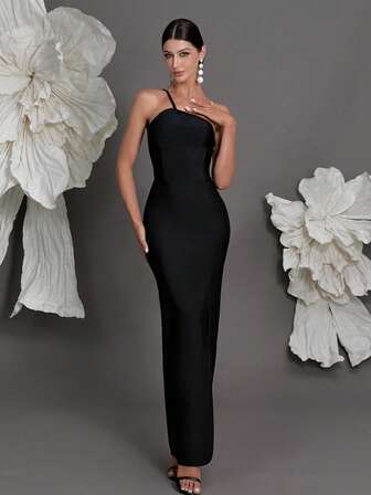 One-Shoulder Knitted Bandage Bodycon Dress, Sexy High Slit, Suitable For Family Gatherings, Parties, Banquets, And Formal Occasions