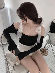 可爱性感蝴蝶蕾丝肩带针织短款上衣，适合圣诞节、新年、外出、约会、购物、秋冬