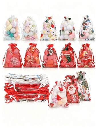 20 件/10 件圣诞节抽绳欧根纱袋，带抽绳封口 - 4x6 英寸珠宝礼品袋、卡通圣诞老人、雪花和节日设计珠宝收纳袋、红色和白色糖果袋，适合圣诞节、新年派对礼物、节日装饰，非常适合珠宝、派对礼物 - 混合颜色适合婚礼、情人节和圣诞节！