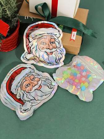 10/20 件圣诞礼品袋，带自动密封功能 - 卡通圣诞老人设计全息储物袋，适用于圣诞节派对礼品和新年活动、圣诞装饰