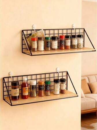 1PC Wooden Spice Rack Wall Mounted Kitchen Organizer Metal Shelf With Hooks Practical Storage Solution Decorative Shelf For Spices Books And Home Accessories