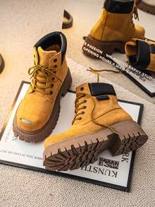 Bottes à semelle épaisse GAISIMA, style britannique rétro américain pour hommes, bottes de moto américaines, bottes jaunes pour l'extérieur - Kaki - Voir 2