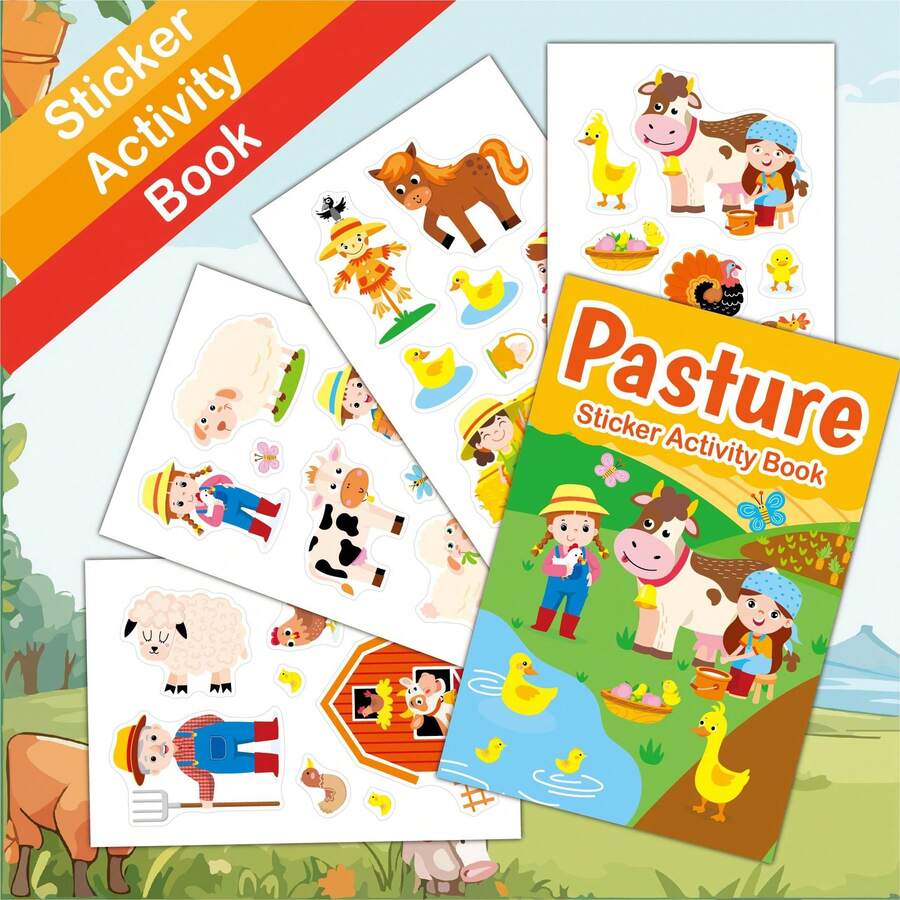 Mini Reusable Farm Animal Sticker Activity Book (4x6"), 4 Sheets & 1 Background Card, Party Favors & Travel Toys For Kids - Mini Farm Animal Sticker Book Set, Reusable No-Trace DIY, Kindergarten Teacher Back-To-School Reward Gift, Long Flight & Car Quiet Toy, Christmas & Halloween Gift Box Filler, Baby Logic & Cognitive Development, Art Class Collage Material, Multi-Purpose Party Favor
