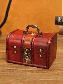 FEILIYA 1pc Vintage Distressed Wooden Jewelry Box Lockable Keepsake Storage Chest With Handle - Multicolor - View 5