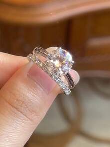 XUJIA 1 Set Of 925 Sterling Silver Wedding Anniversary Round Cut 8mm & 2mm Moissanite Women's Four-Claw Wedding Ring Set