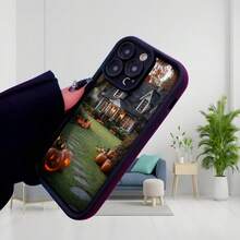 Fashion Mobile Phone Case Halloween Pumpkin Design  Case Black Haunted House Print With Lighted Pumpkins And Festive Path Ideal For Halloween Season And Theme Decoration