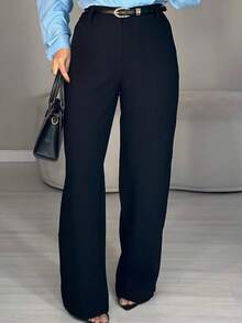 Women's Wide Leg Tailored Style Pantaloons With High Waist, Simple Zipper, Pocket, PP To GG, Office, Formal Night And Nighttime, Modern Winter, Premium Sensory Fabric - 黑色 - 查看 2