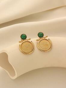 1 Pair Elegant Copper Alloy Gold-Plated Green Bead & Coin Stud Earrings, Suitable For Women's Daily Wear And Holiday Gifts