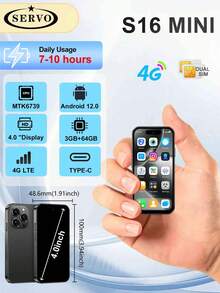 SERVO安卓智能手机，3GB+64GB双卡双待，支持4G LTE网络，全球最小手机，4.0英寸显示屏，GPS，WiFi，500W+200W双摄像头，超萌智能手机