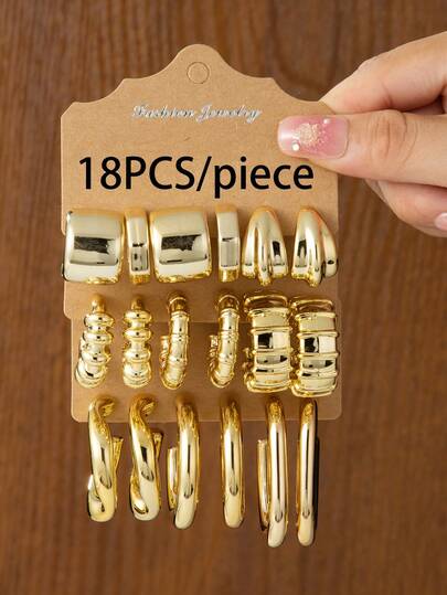 6-18pcs/Set Vintage Gold-Color CCB Hoop Earrings. Creative C-Shaped Design Earrings. Elegant Daily, Party, Date And Holiday Wear Jewelry. Exquisite Holiday Gift.