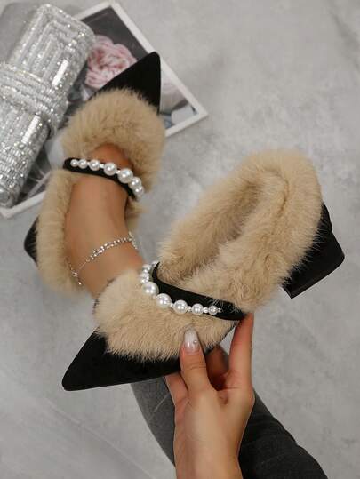 女士尖头仿毛皮套脚鞋，粗跟，保暖内衬，法式时尚，百搭舒适，仿珍珠鞋