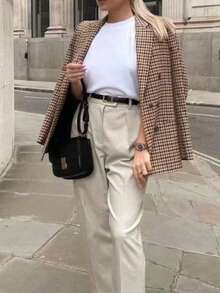 Giacca casual a doppio petto con stampa a quadri da donna, manica lunga, autunnale