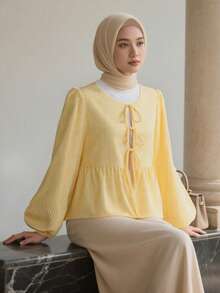 穆斯林女式衬衫，喇叭袖衬衫，女士优雅气质，时尚长袖衬衫，黄色上衣 - 黃色 - 查看 4